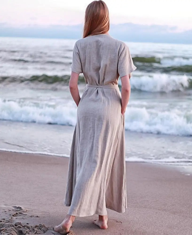 Beige wrap maxi dress with short sleeves and tie waist