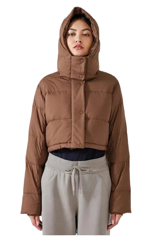 Brown cropped puffer jacket with hood and quilted design