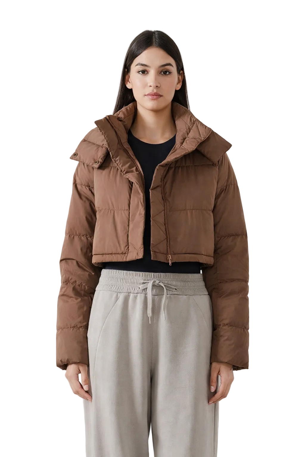 Brown cropped puffer jacket with hood and quilted design