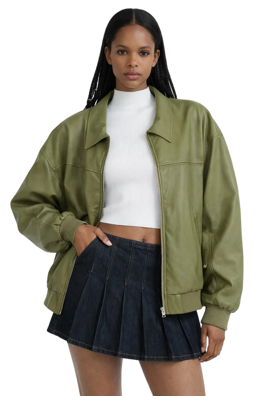 Olive green oversized zip jacket with ribbed cuffs and hem