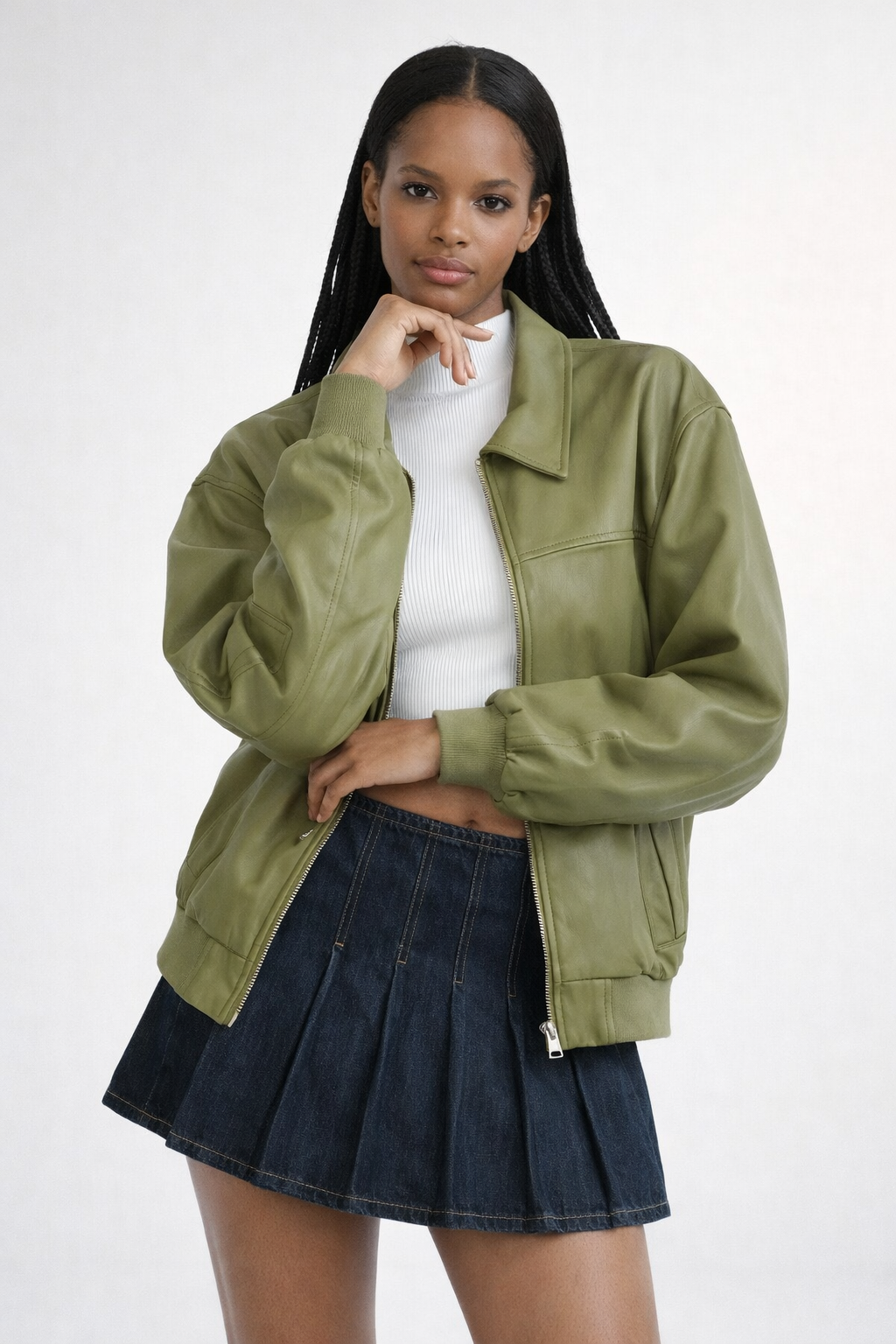 Olive green oversized zip jacket with ribbed cuffs and hem