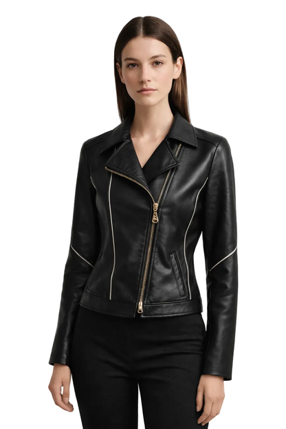 Black biker jacket with asymmetrical zip and notched collar