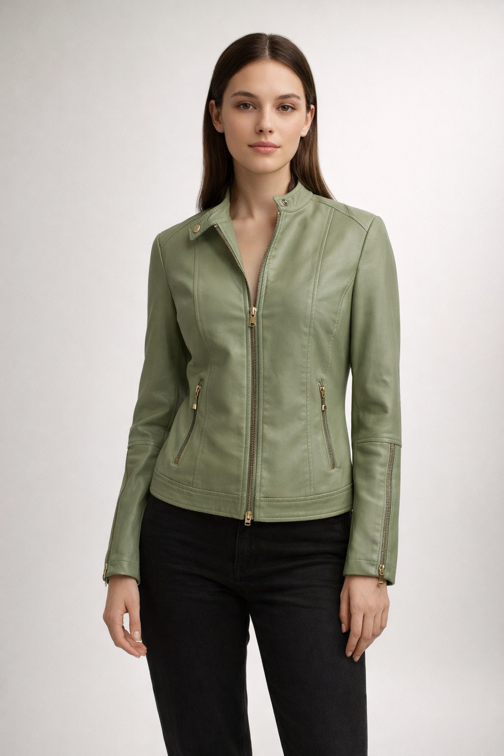 Green fitted zip jacket with stand collar and zip pockets