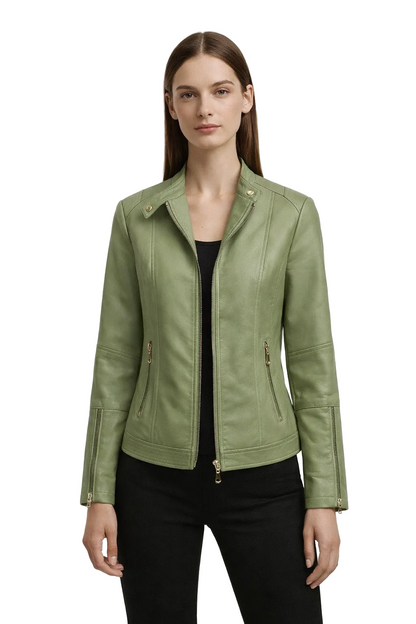 Green fitted zip jacket with stand collar and zip pockets