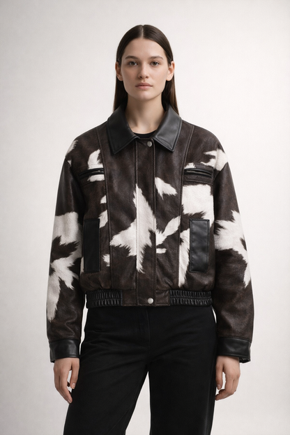 Black and white jacket with abstract pattern and elastic hem