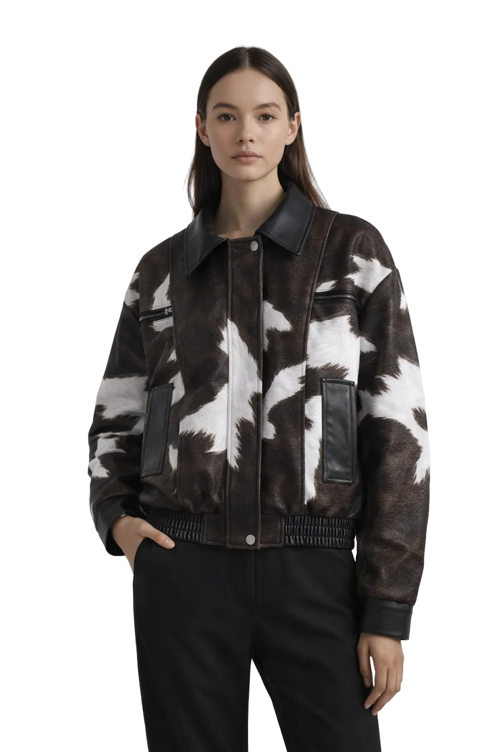 Black and white jacket with abstract pattern and elastic hem