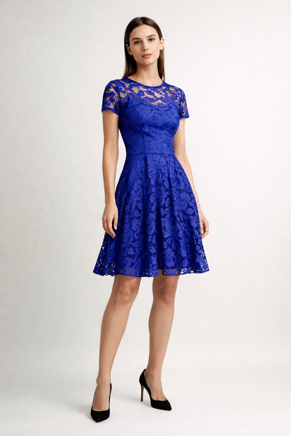 Blue lace dress with short sleeves and flared skirt