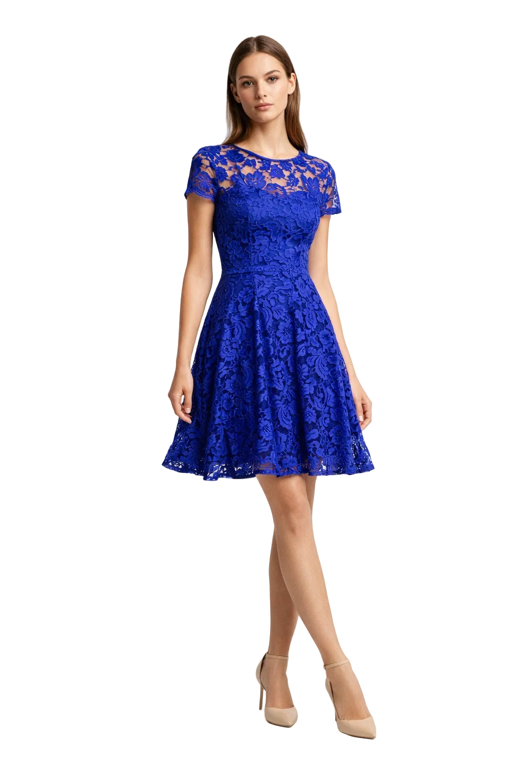 Blue lace dress with short sleeves and flared skirt
