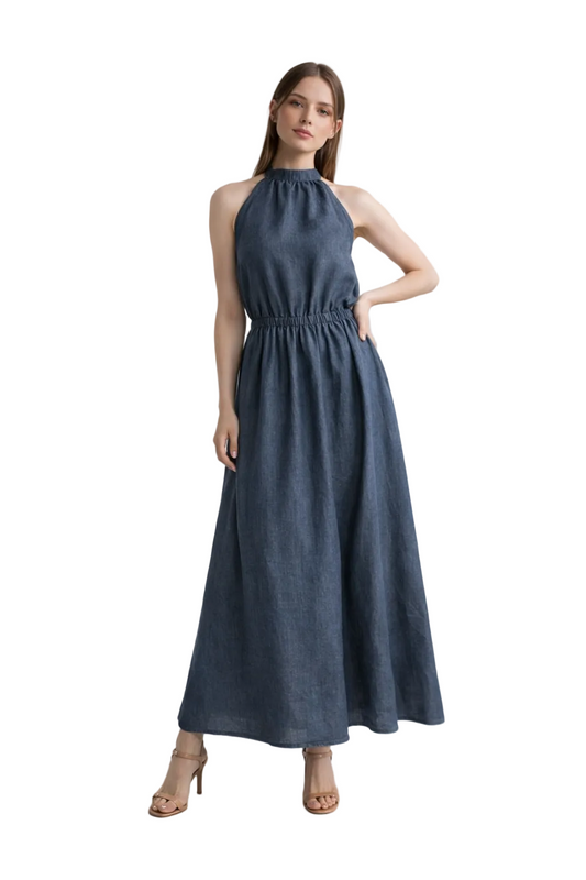 Dark grey halter maxi dress with gathered waist