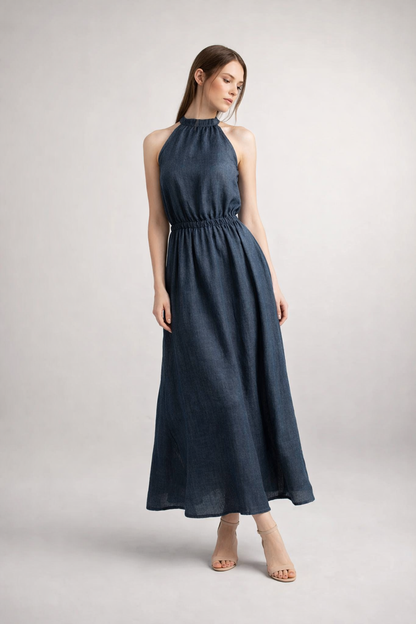 Dark grey halter maxi dress with gathered waist