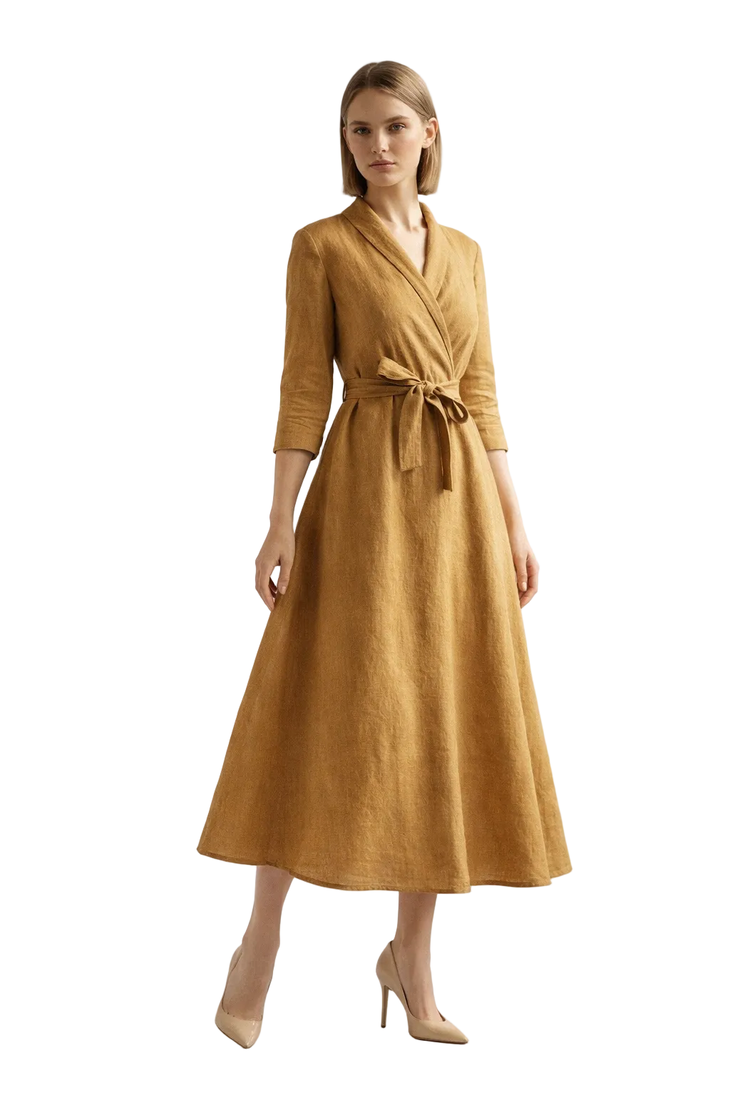 Mustard wrap midi dress with tie waist and three-quarter sleeves
