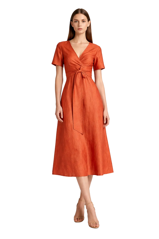 Rust orange midi dress with V-neck and waist tie detail