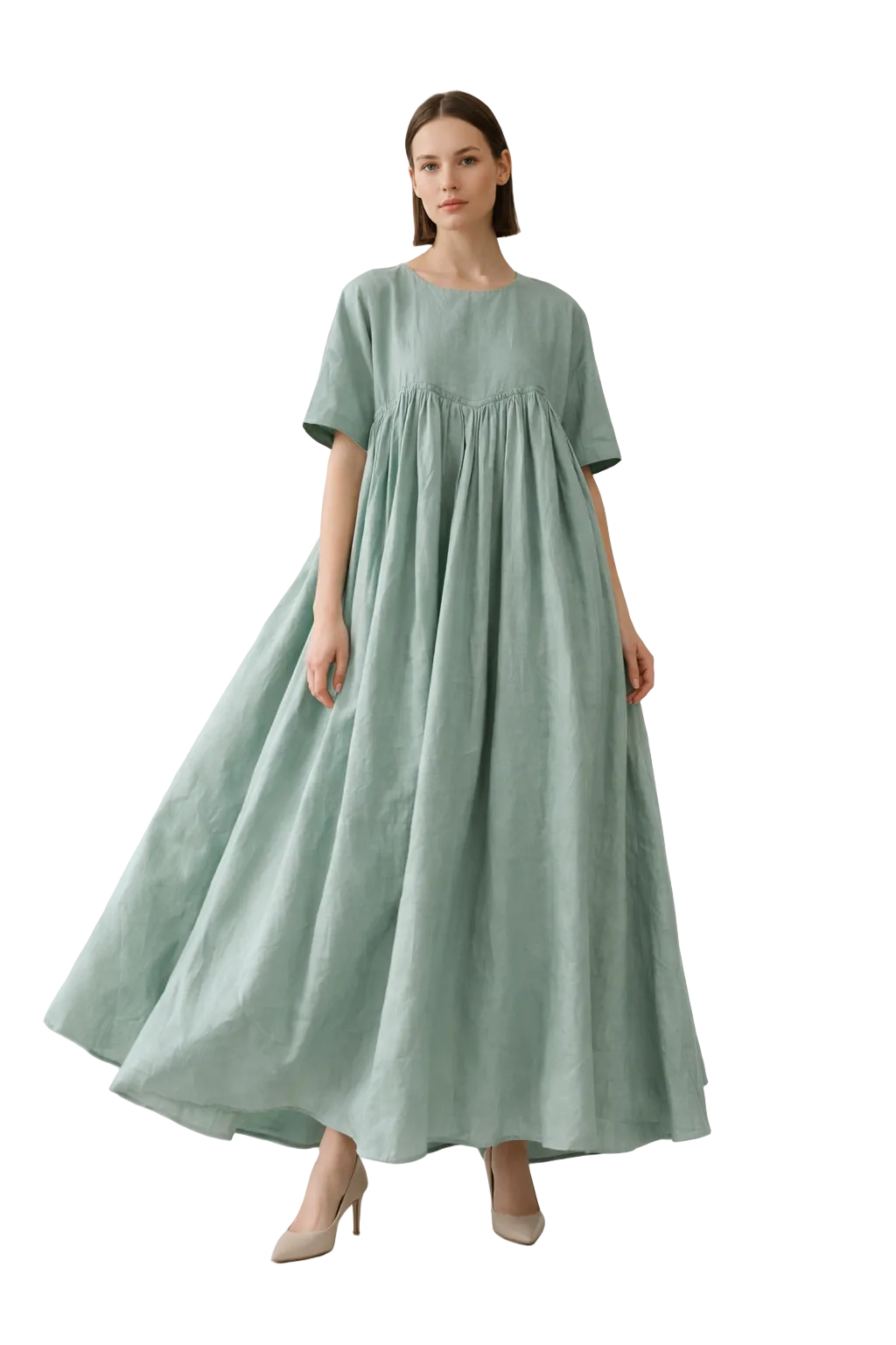 Light green maxi dress with gathered bodice and loose fit