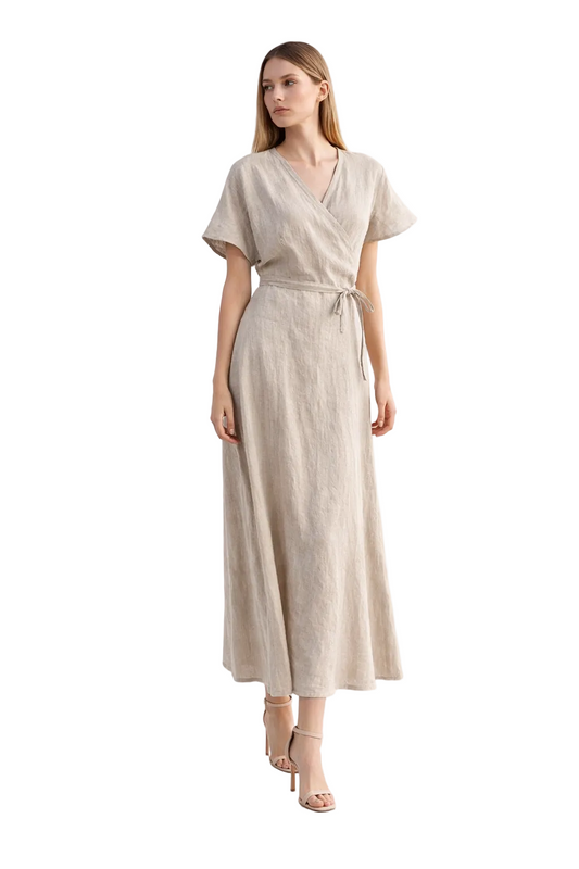 Beige wrap maxi dress with short sleeves and tie waist