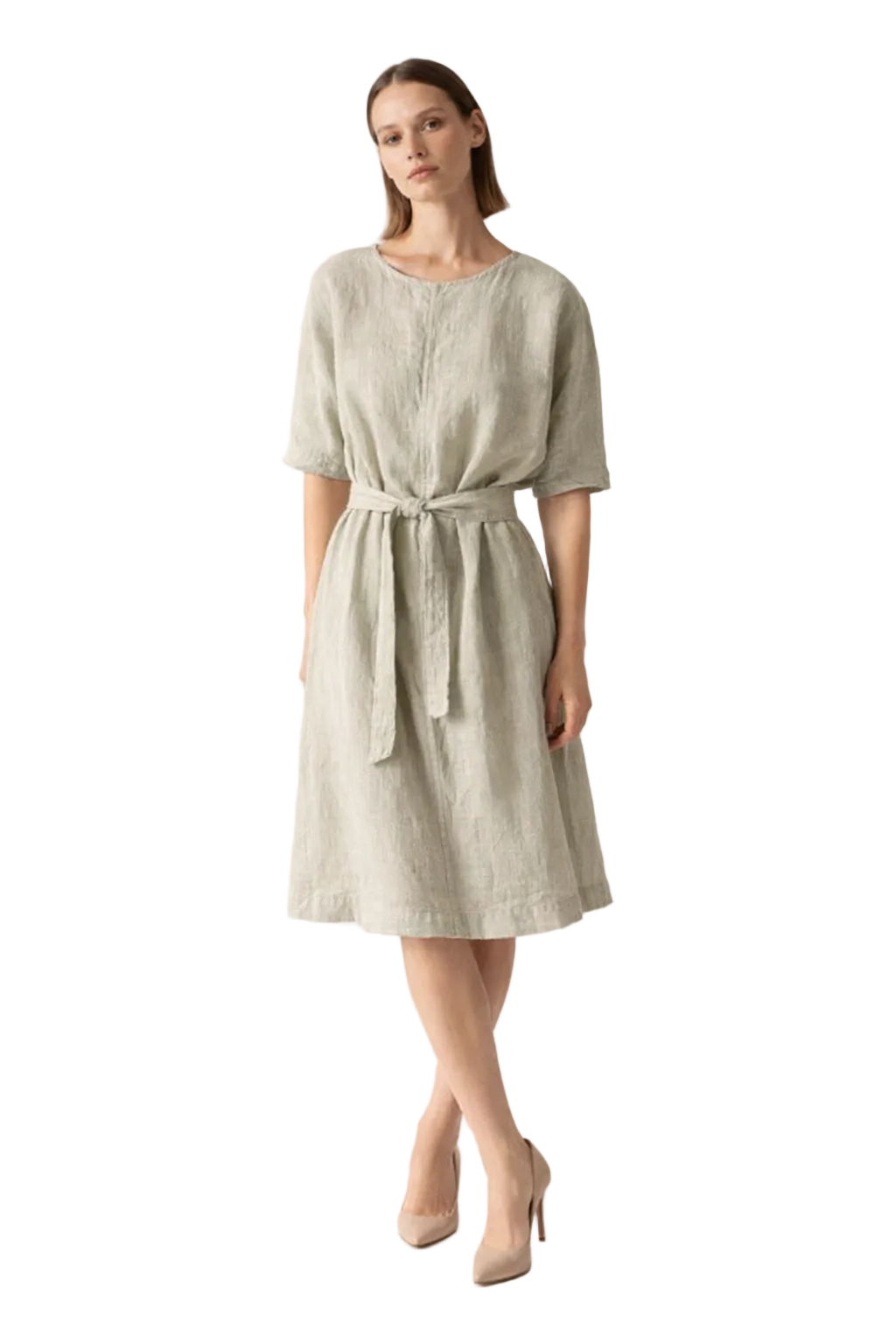 Light green knee-length dress with round neck and tie waist