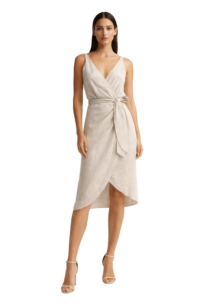 Beige wrap mini dress with deep V-neck and side tie