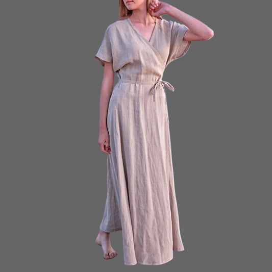 Beige wrap maxi dress with short sleeves and tie waist