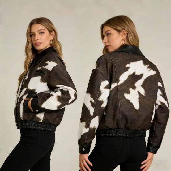 Black and white jacket with abstract pattern and elastic hem