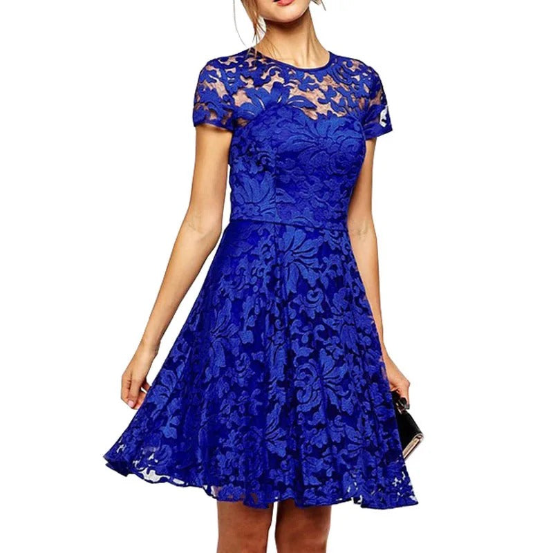Blue lace dress with short sleeves and flared skirt
