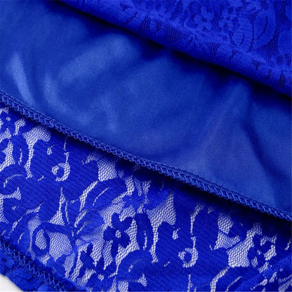 Blue lace dress with short sleeves and flared skirt