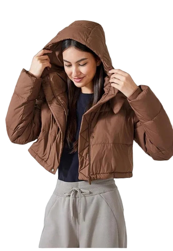 Brown cropped puffer jacket with hood and quilted design