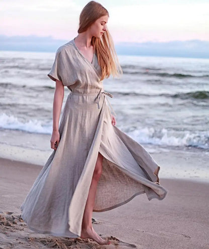 Beige wrap maxi dress with short sleeves and tie waist