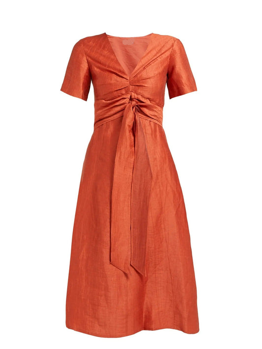 Rust orange midi dress with V-neck and waist tie detail