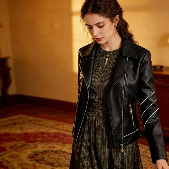 Black biker jacket with asymmetrical zip and notched collar