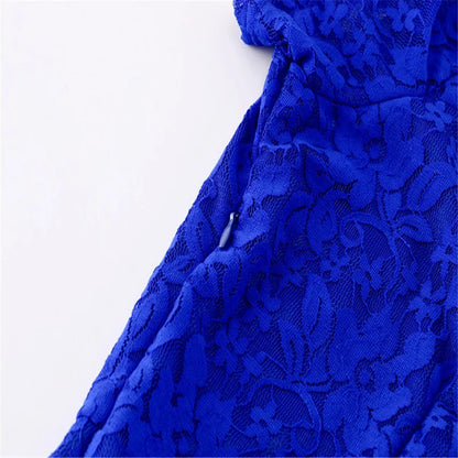 Blue lace dress with short sleeves and flared skirt