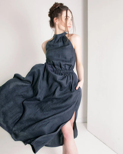 Dark grey halter maxi dress with gathered waist