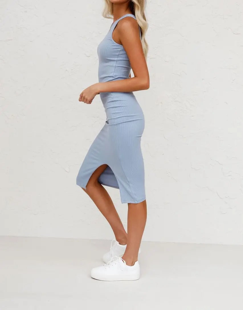 Light blue ribbed midi dress with sleeveless design and slit