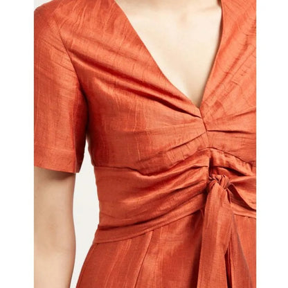 Rust orange midi dress with V-neck and waist tie detail