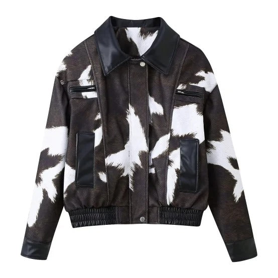 Black and white jacket with abstract pattern and elastic hem
