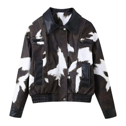 Black and white jacket with abstract pattern and elastic hem