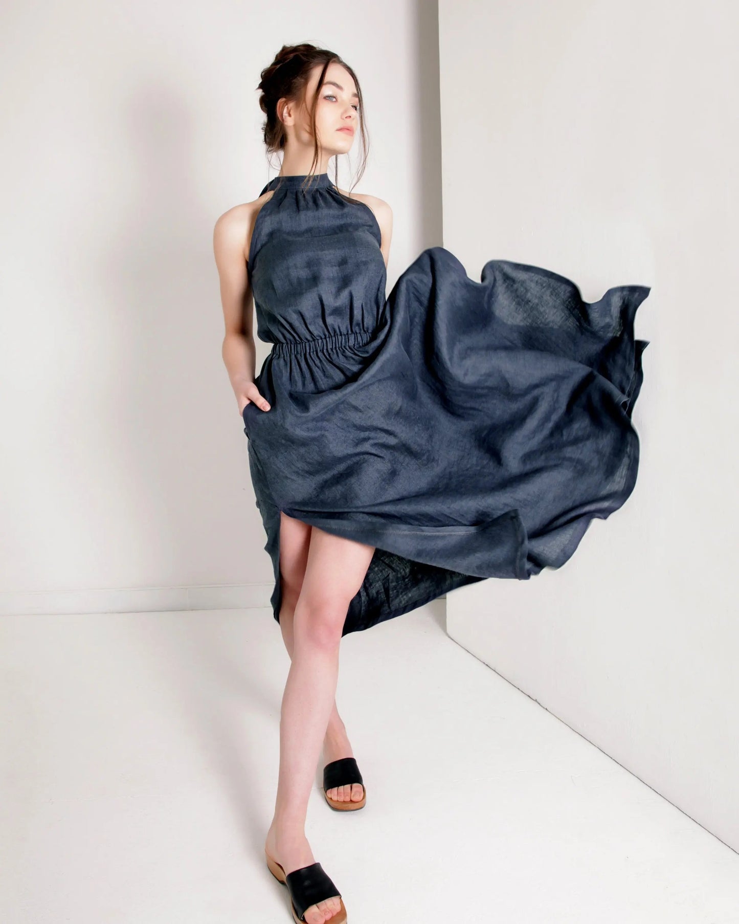 Dark grey halter maxi dress with gathered waist