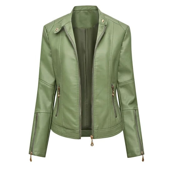 Green fitted zip jacket with stand collar and zip pockets