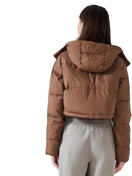 Brown cropped puffer jacket with hood and quilted design