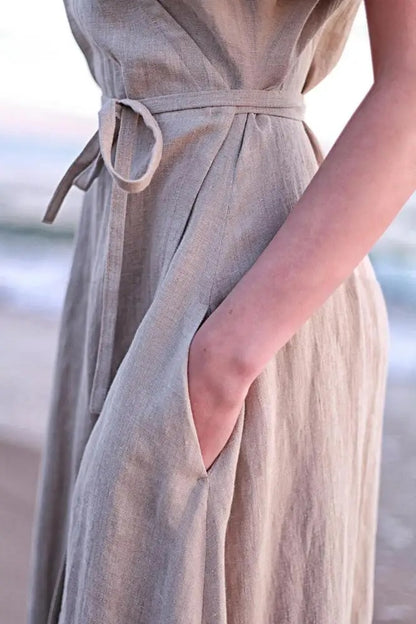 Beige wrap maxi dress with short sleeves and tie waist