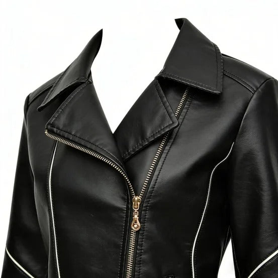 Black biker jacket with asymmetrical zip and notched collar