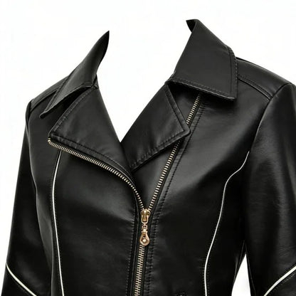Black biker jacket with asymmetrical zip and notched collar
