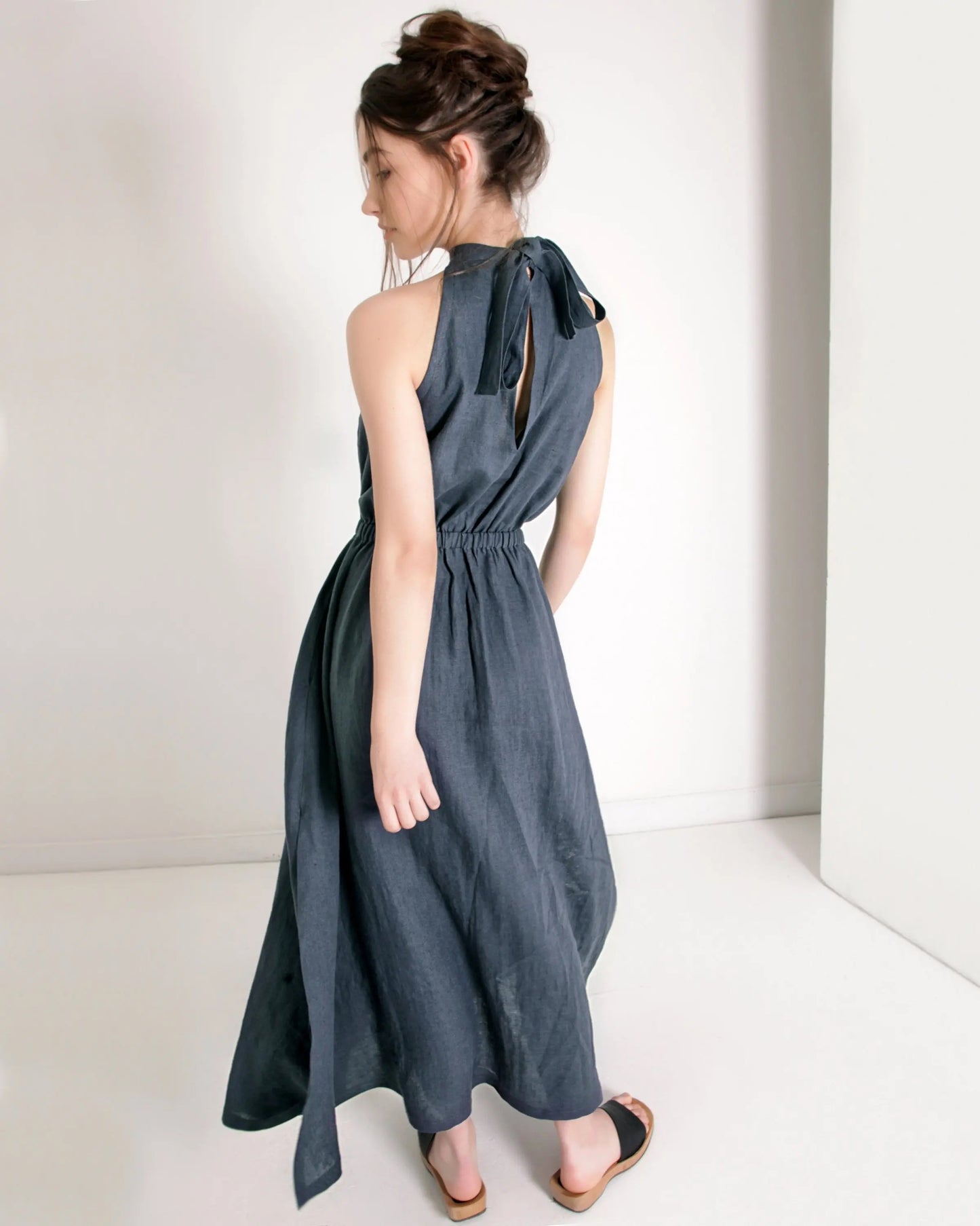 Dark grey halter maxi dress with gathered waist