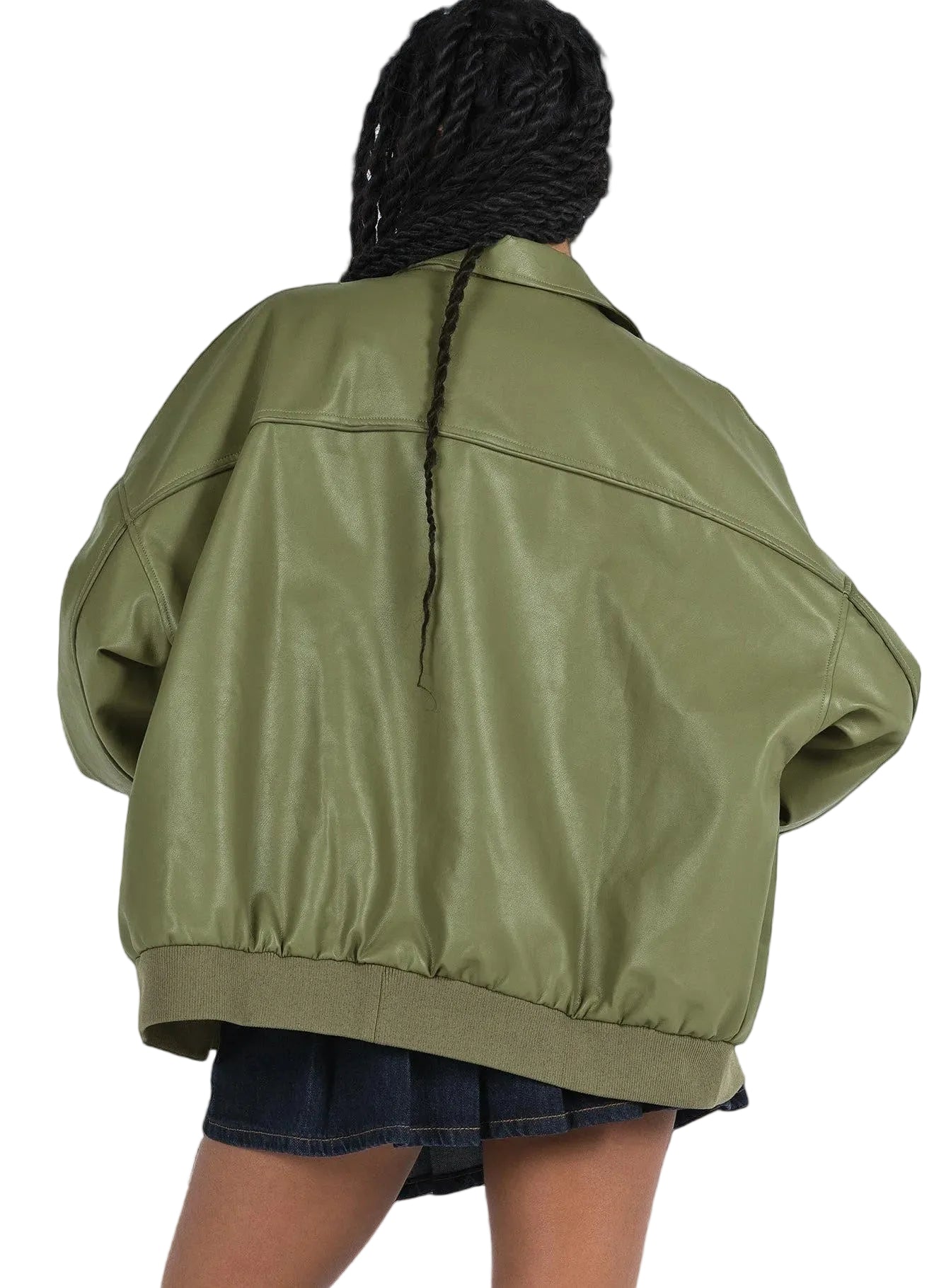 Olive green oversized zip jacket with ribbed cuffs and hem