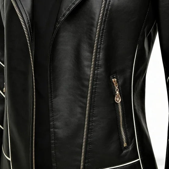 Black biker jacket with asymmetrical zip and notched collar